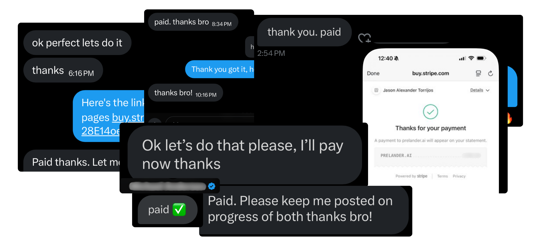 A collage of screenshots showing a text conversation about a transaction and a Stripe payment confirmation.