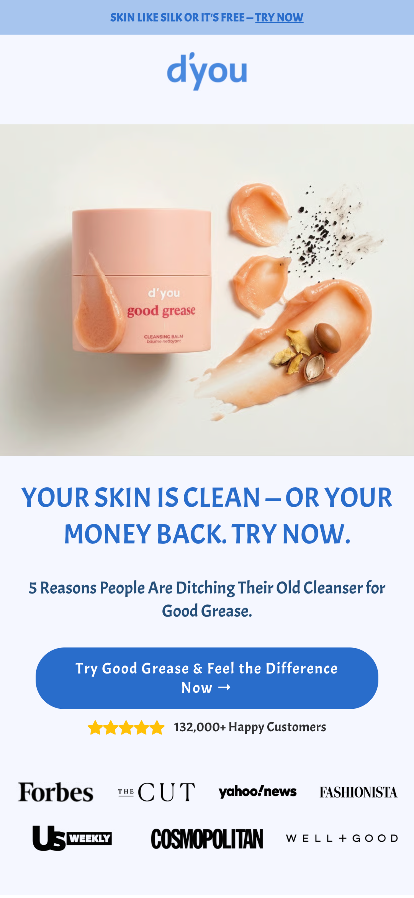 An advertisement for d'you cleansing balm showing the product jar and textured swatches with ingredients.