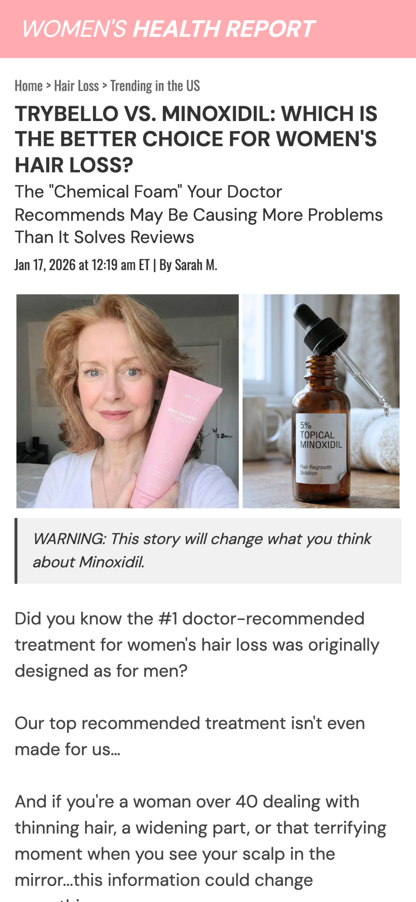 A woman holding a pink bottle of hair growth shampoo next to a picture of Minoxidil solution.